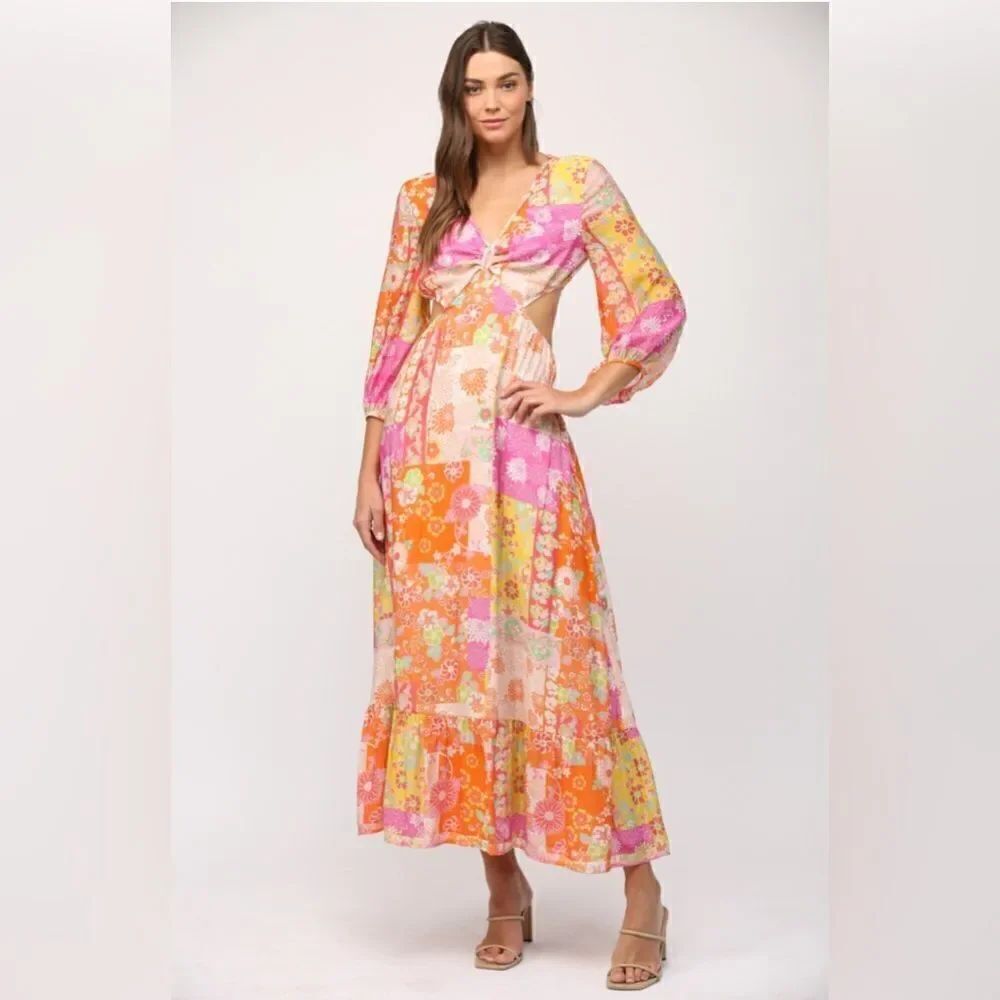 005. FLORAL PATCHWORK PRINT CUT OUT TIE BACK MAXI DRESS